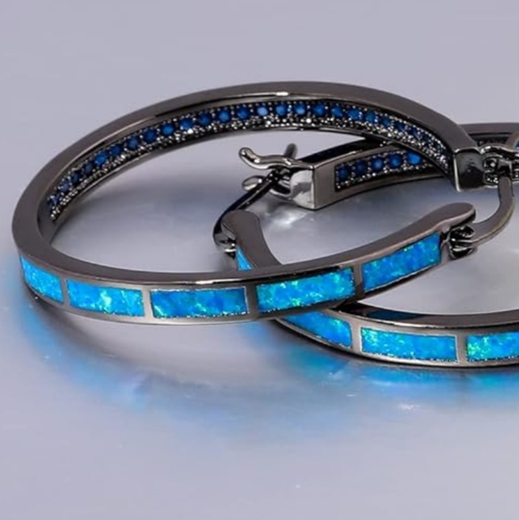 Black and Turquoise Blue Opal Hoop Earrings Hoops Rhinestone Crystal Channel New - Picture 5 of 11